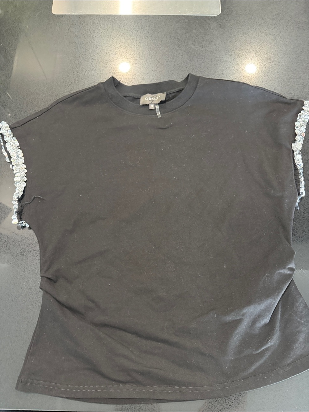 Gracia Black Short Sleeve Tee with Sequin Trim